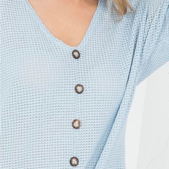 Tie Front Soft Waffle Knit V-Neck Light Blue Long Sleeves Top - Picture 3 of 3